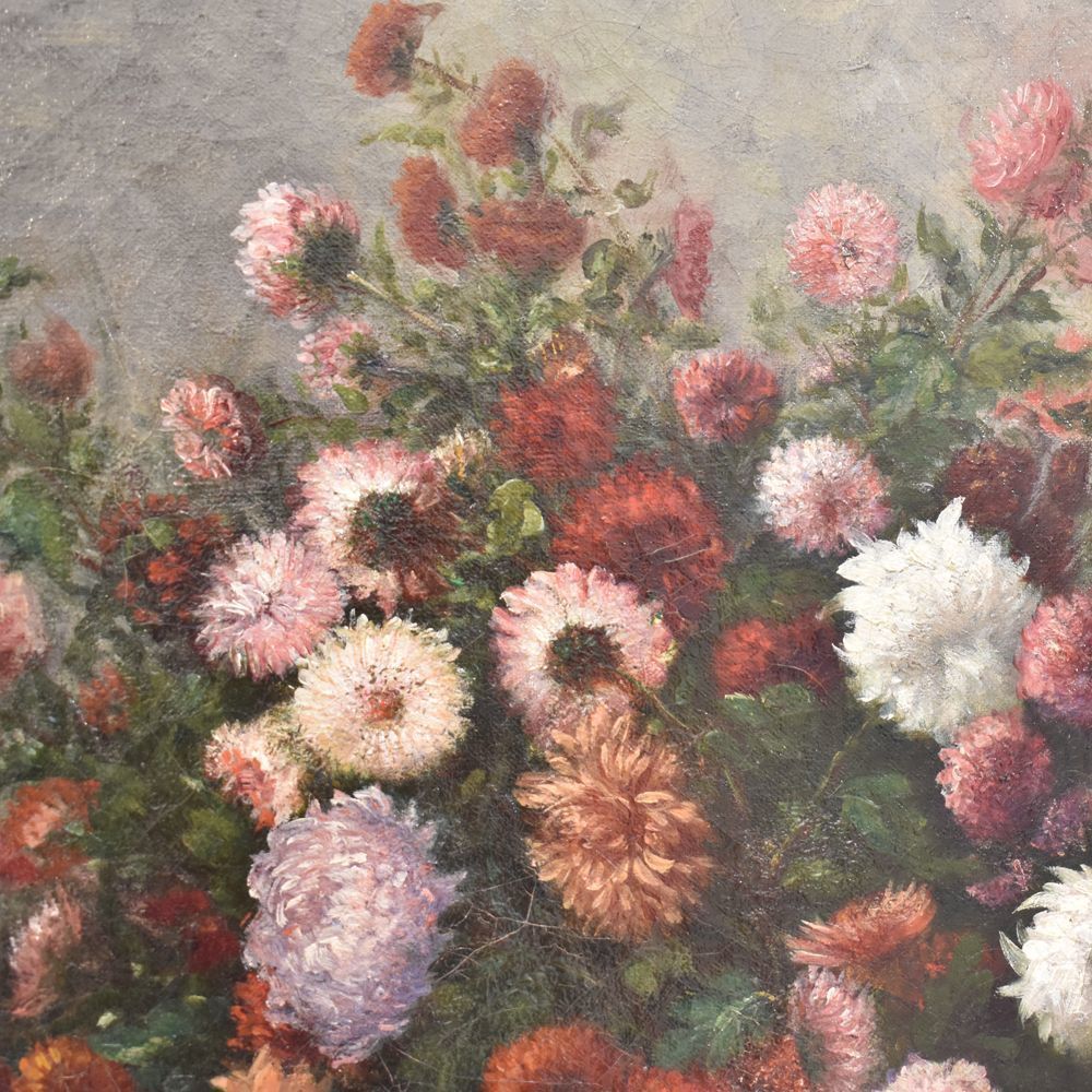 Flower Painting, Daisies And Chrysanthemums Flower Art, Still Life Floral, Oil On Canvas, 19th Century. (Qf232) photo furniture