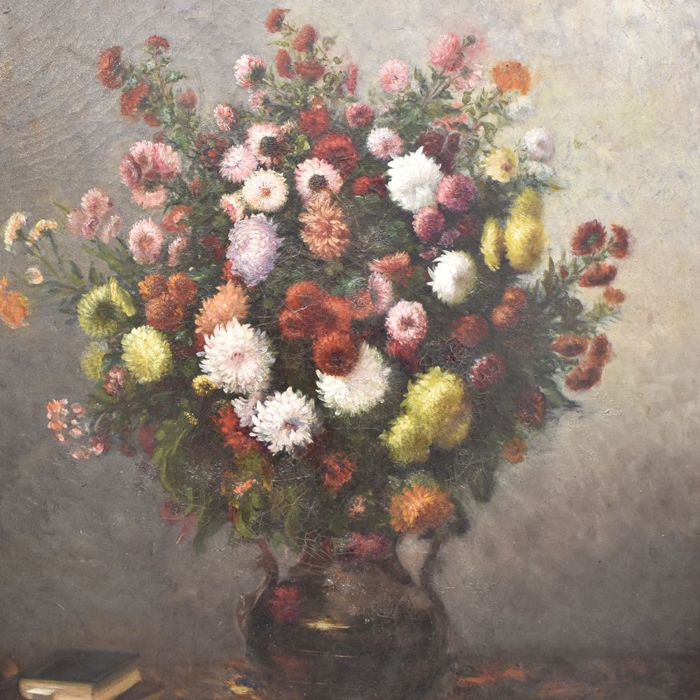 Flower Painting, Daisies And Chrysanthemums Flower Art, Still Life Floral, Oil On Canvas, 19th Century. (Qf232) photo for sale