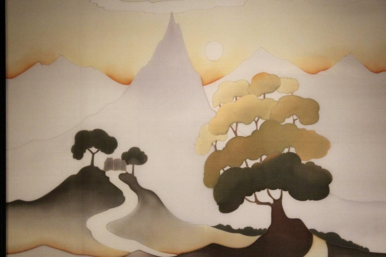 Soleil Couchant Hand Painted Aquarelle On Silk By Odille Penelle, 1980s photo for sale