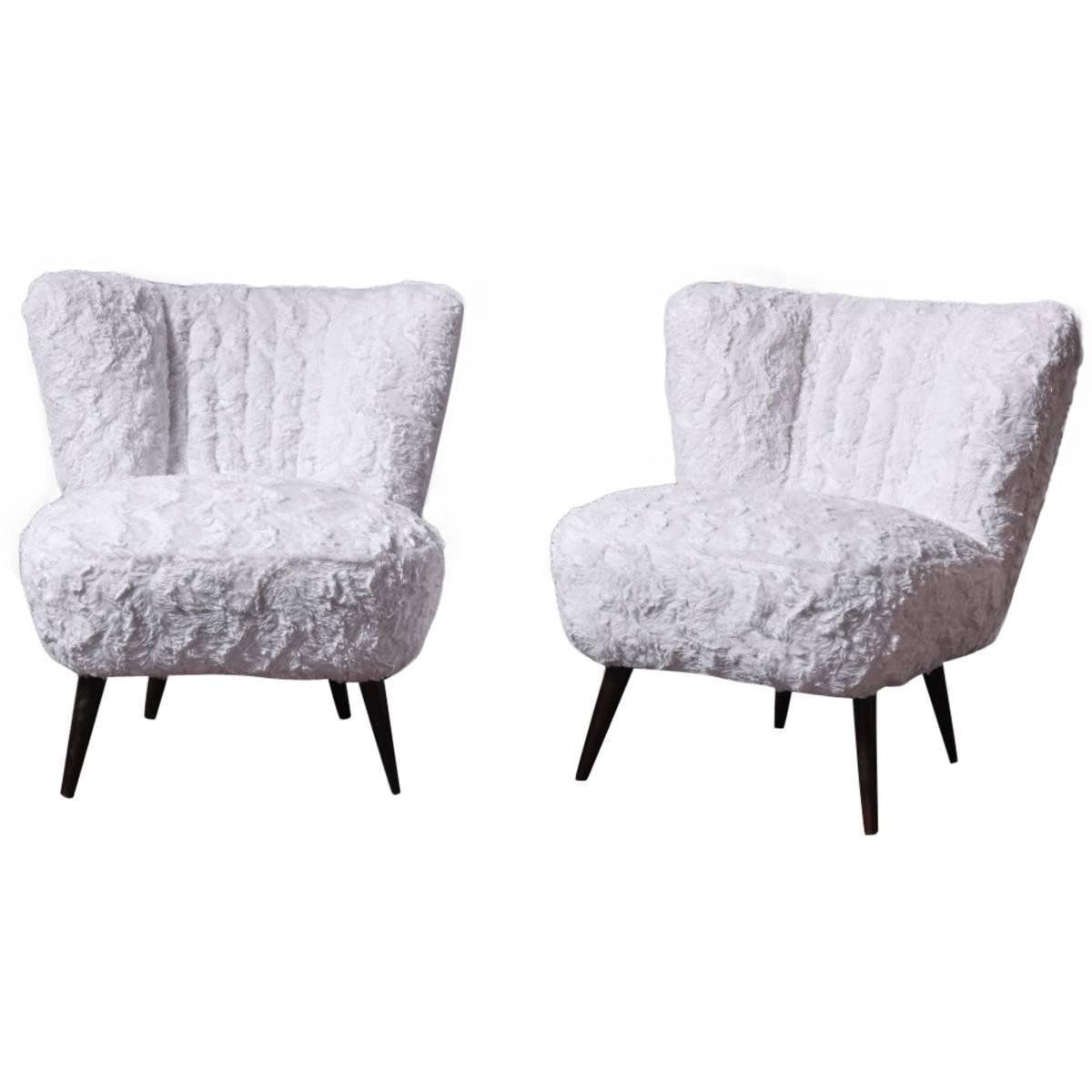 White Faux Fur Cocktail Chairs, Set Of 2