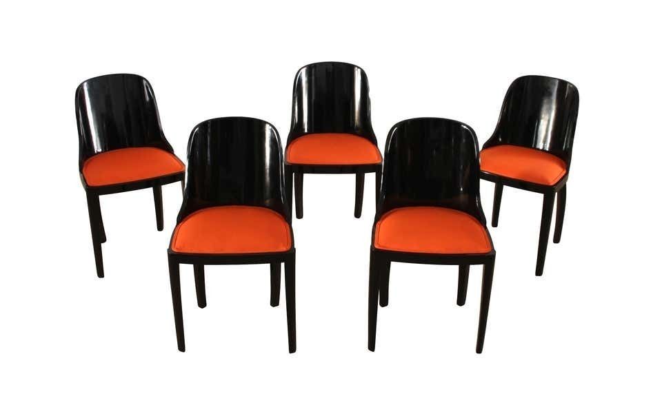 Set Of Five Art Deco Dining Chairs, Black With Orange Fabric, France, Circa 1930 photo furniture