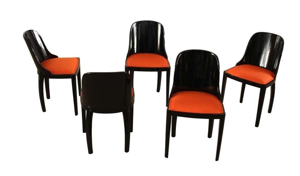 Set Of Five Art Deco Dining Chairs, Black With Orange Fabric, France, Circa 1930 photo for sale