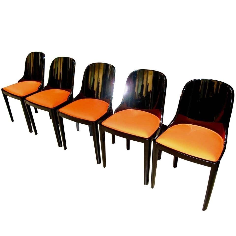 Set Of Five Art Deco Dining Chairs, Black With Orange Fabric, France, Circa 1930 photo vinterior