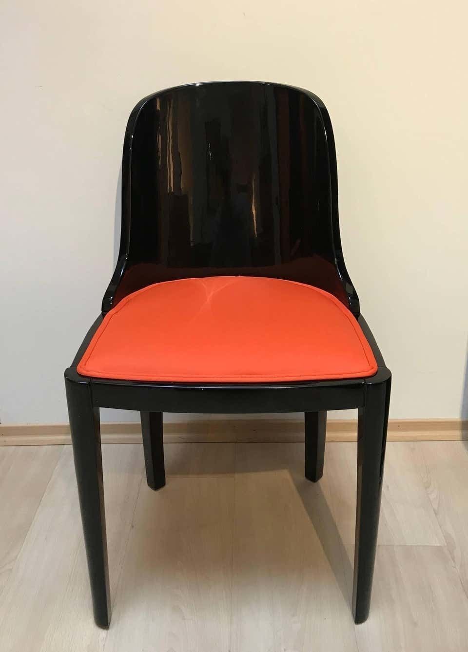 photo for sale Set Of Five Art Deco Dining Chairs, Black With Orange Fabric, France, Circa 1930