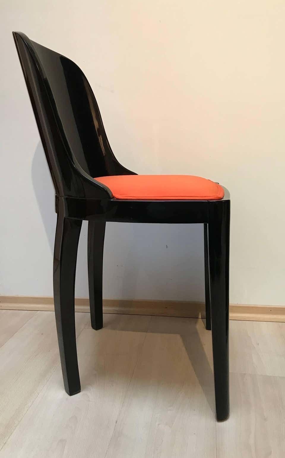 Furniture Set Of Five Art Deco Dining Chairs, Black With Orange Fabric, France, Circa 1930 photo