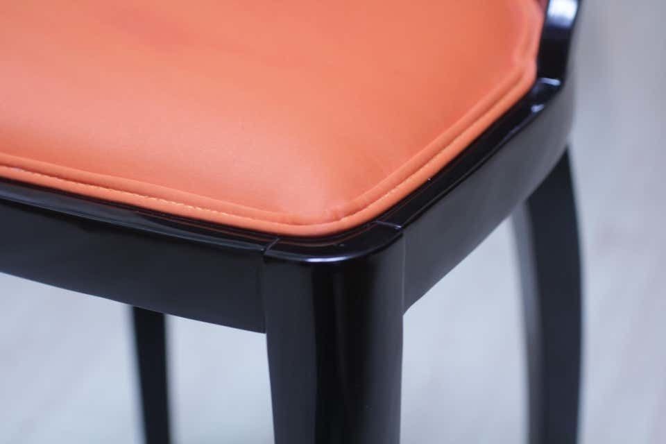 photo vintage Set Of Five Art Deco Dining Chairs, Black With Orange Fabric, France, Circa 1930