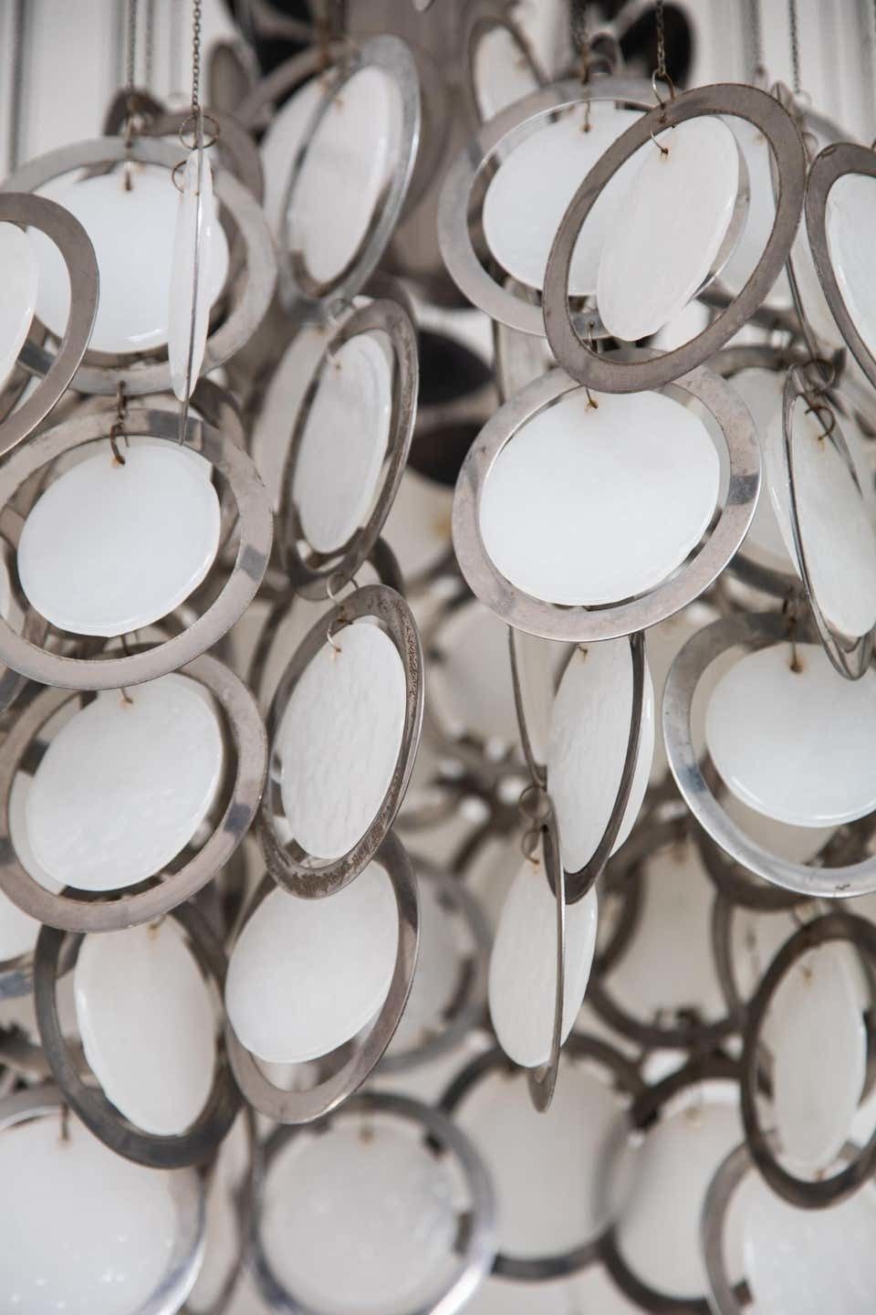 Large Vistosi Opal Glass And Chrome Discs Chandelier, Murano, Italy, 1960s photo furniture