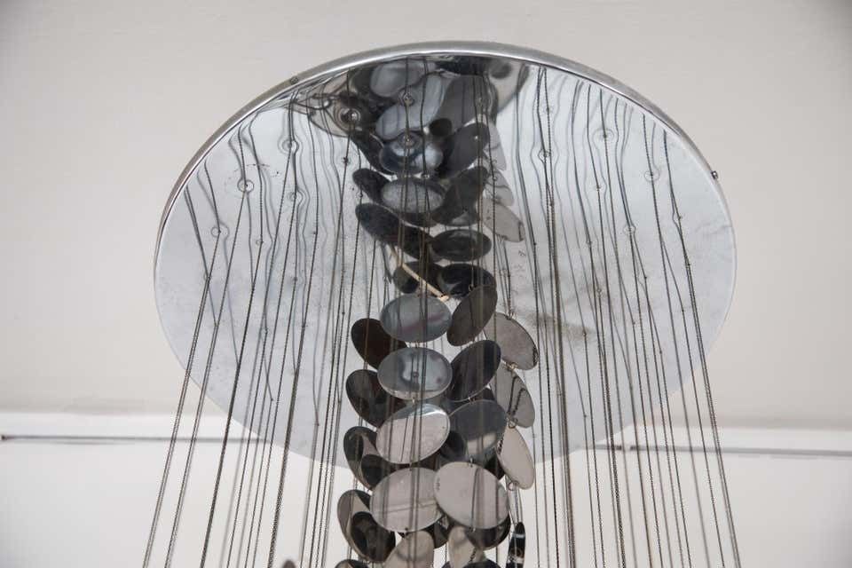 Large Vistosi Opal Glass And Chrome Discs Chandelier, Murano, Italy, 1960s photo Lighting