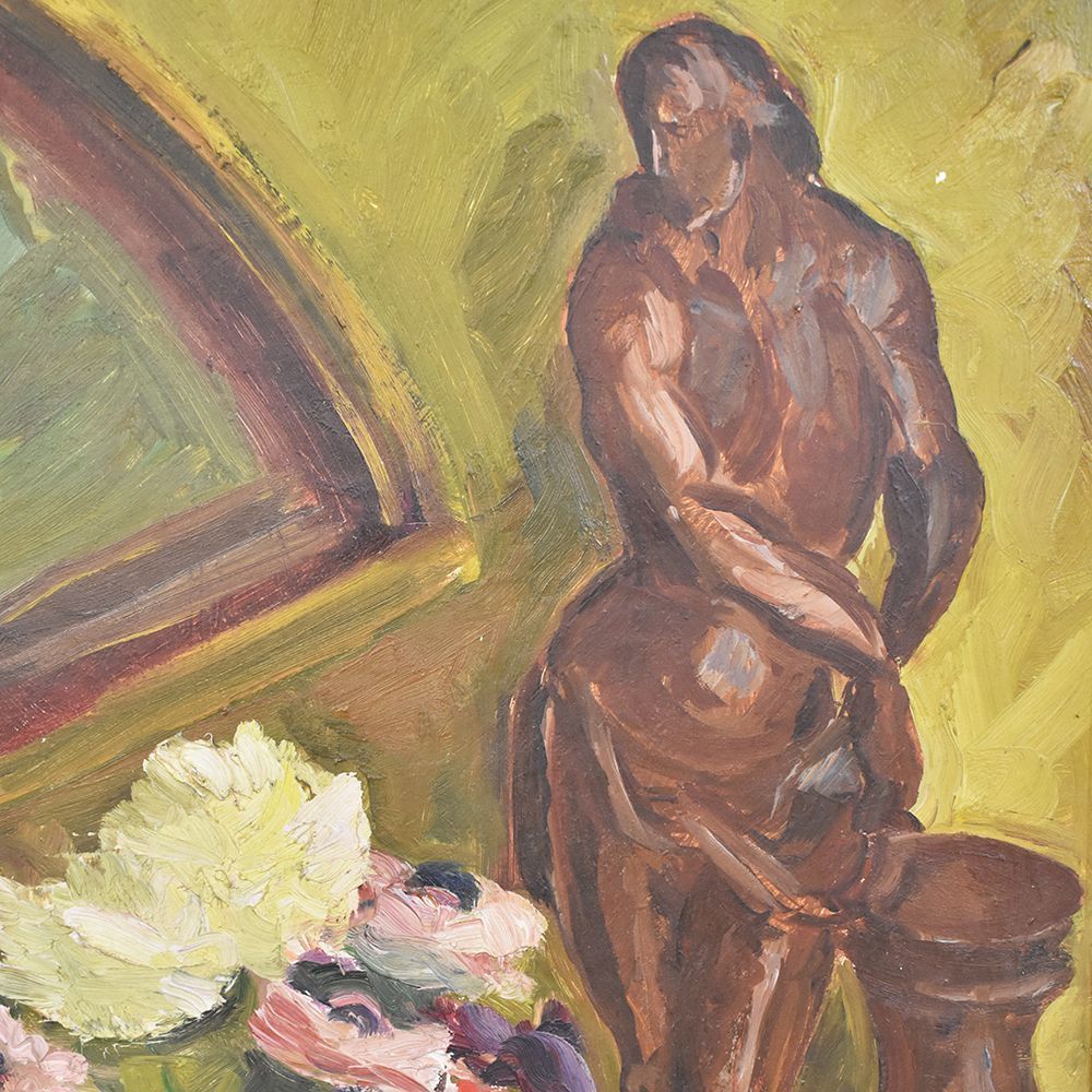 Still Life Art, Antique Painting, Fan And Anemones Flowers, Oil Painting On Wood, 20 Th Century.  (Qnm242) photo for sale