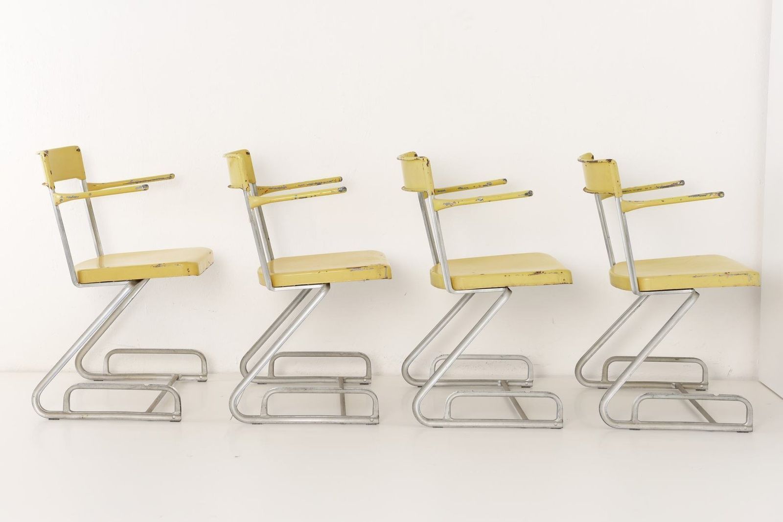 Swiss Industrial Iron And Zinc Dining Chairs, 1940s, Set Of 4 photo for sale