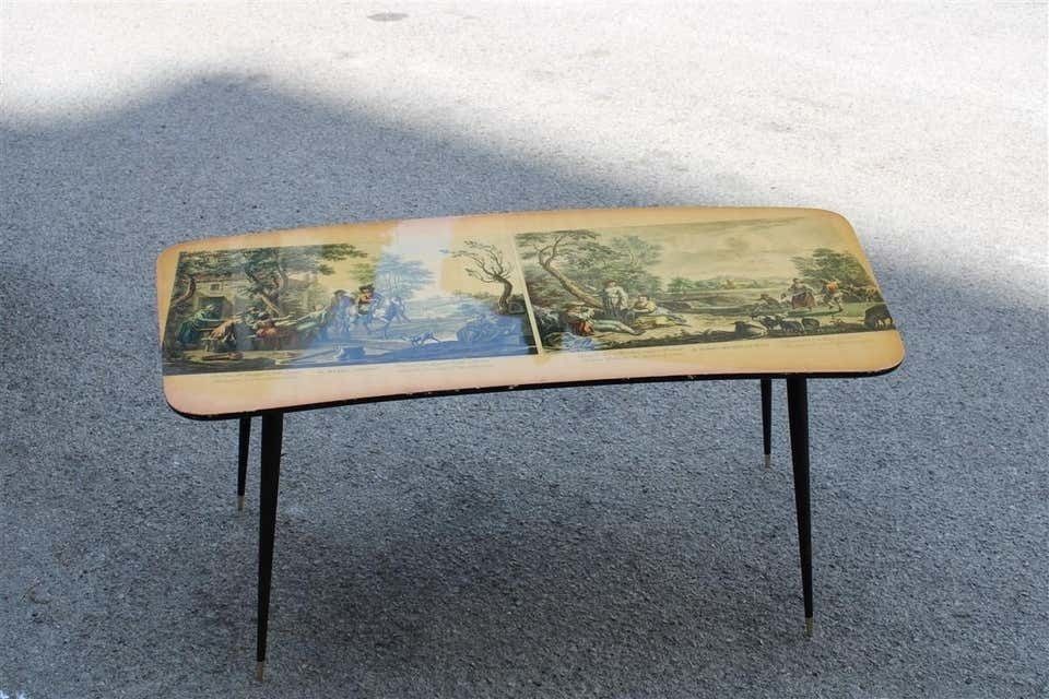 Midcentury Curved Coffee Table With Wagner Prints, Metal Feet And Gold Brass photo furniture