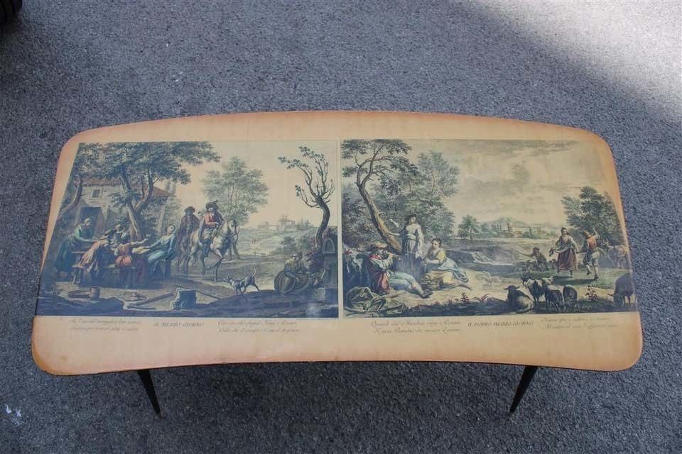 Midcentury Curved Coffee Table With Wagner Prints, Metal Feet And Gold Brass photo for sale