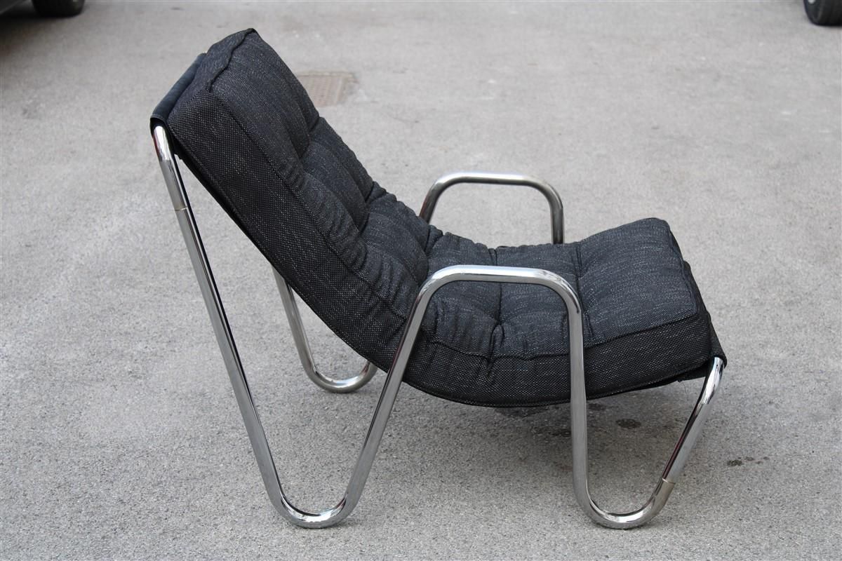 Minimalist Tubular Armchair Chrome Metal Black Fabric, Italy, 1970s photo vinterior