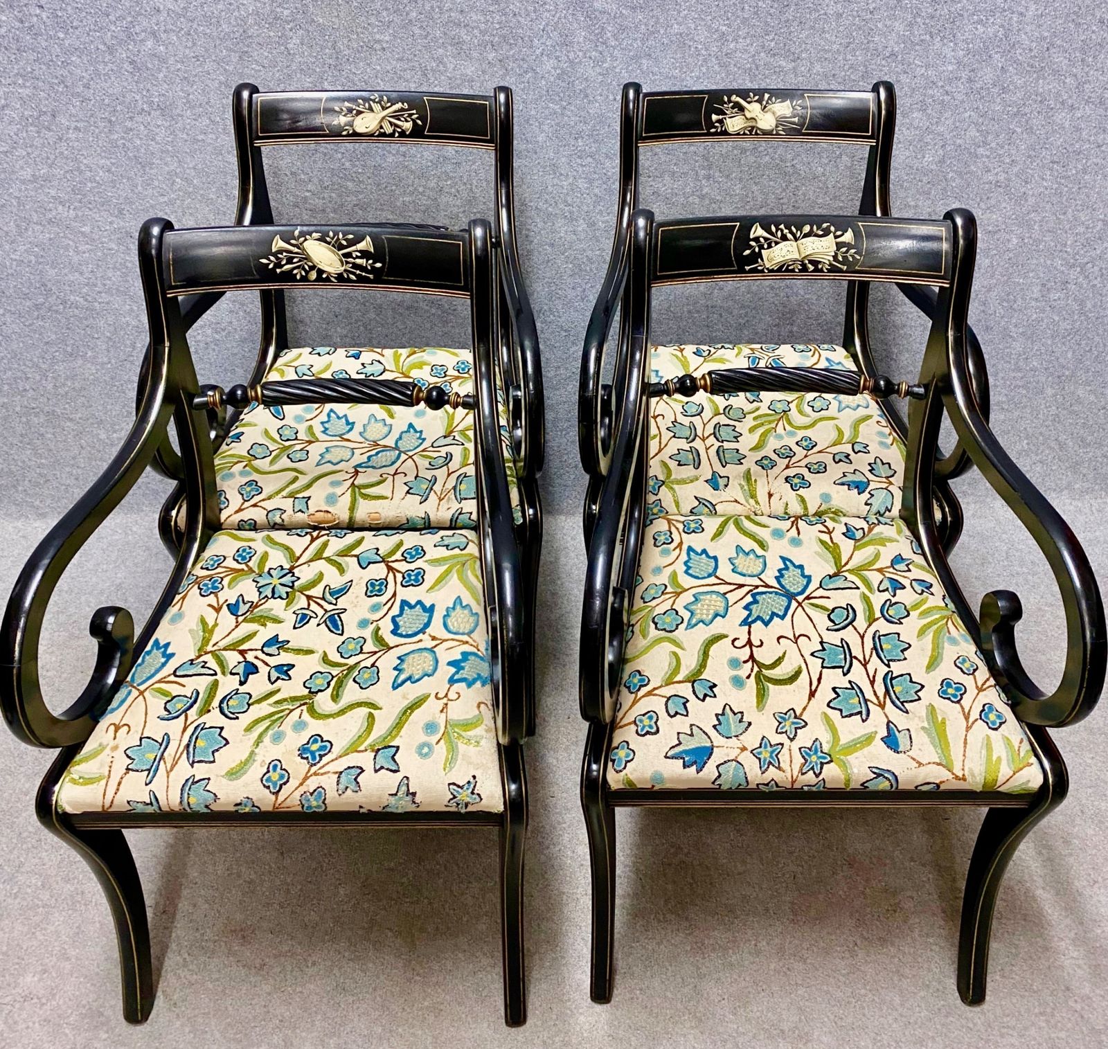 Set Of 4 Regency Style Ebonised & Decorated Elbow Chairs