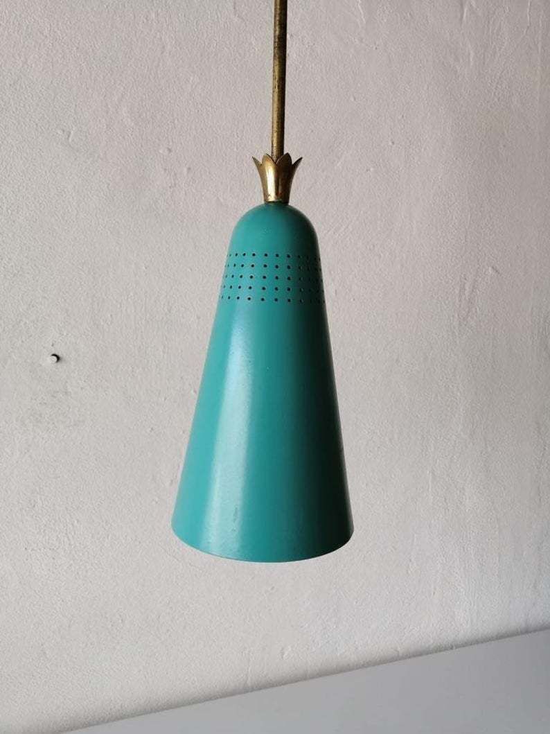 Original Mint Green Metal Conical Shape Pendant Lamp   Stilnovo Era   Brass Details   Mid Century Modern 60s   Manufactured In Italy photo Lighting