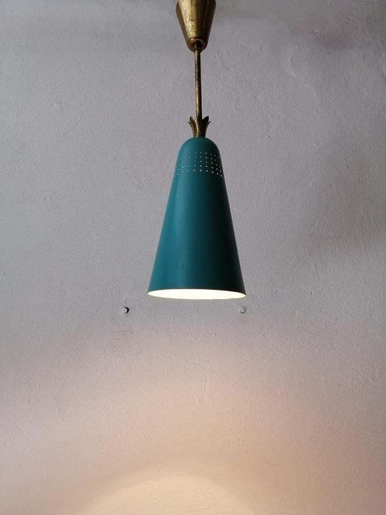 Original Mint Green Metal Conical Shape Pendant Lamp   Stilnovo Era   Brass Details   Mid Century Modern 60s   Manufactured In Italy photo vinterior