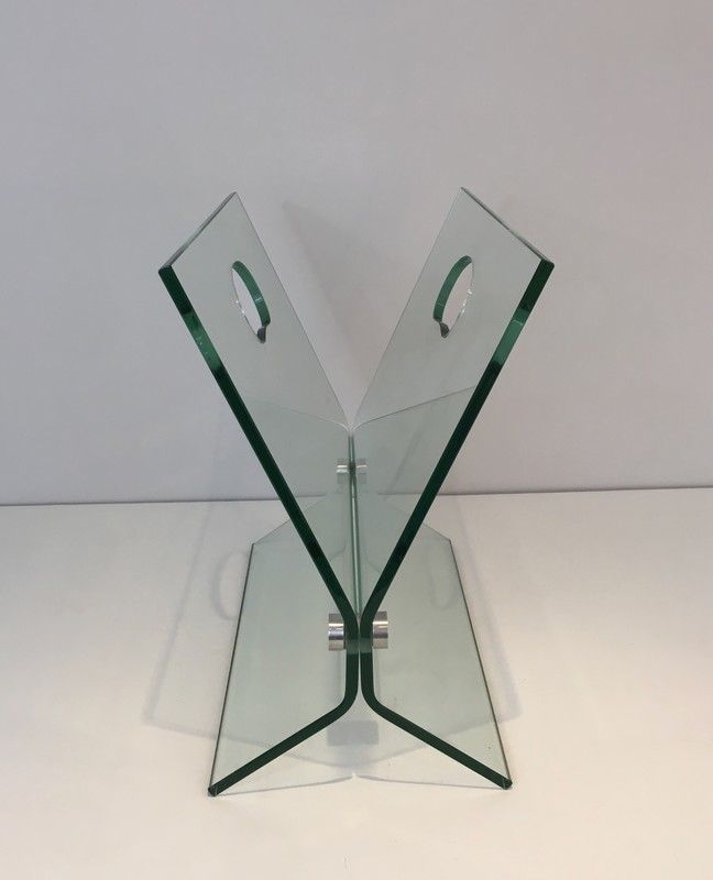 In The Style Of François Arnal. Glass And Brushed Steel Design Magazine Rack. French. Circa 1970 photo vinterior