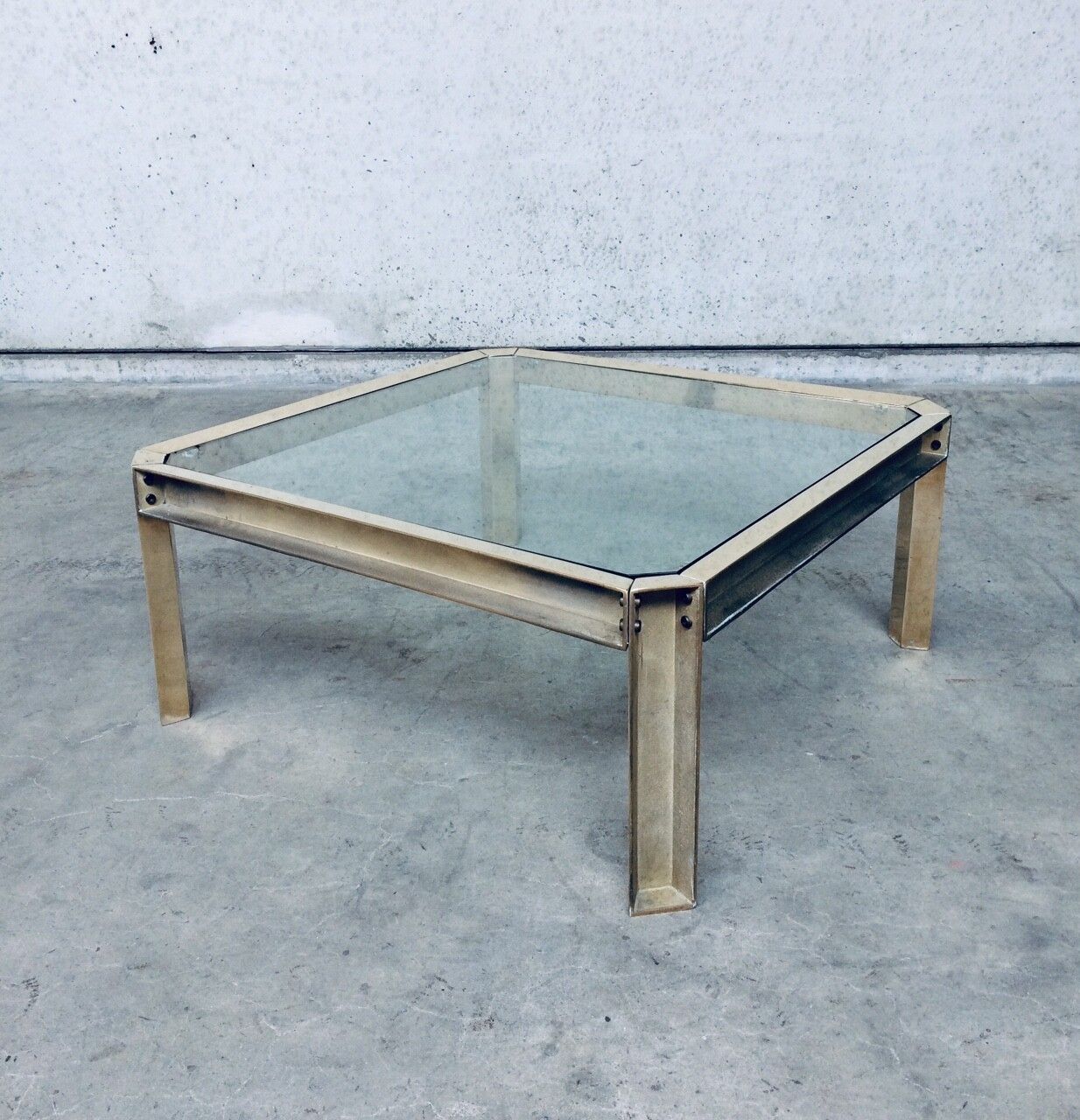 Brutalist Design Style Brass & Glass Square Coffee Table 1970s photo furniture