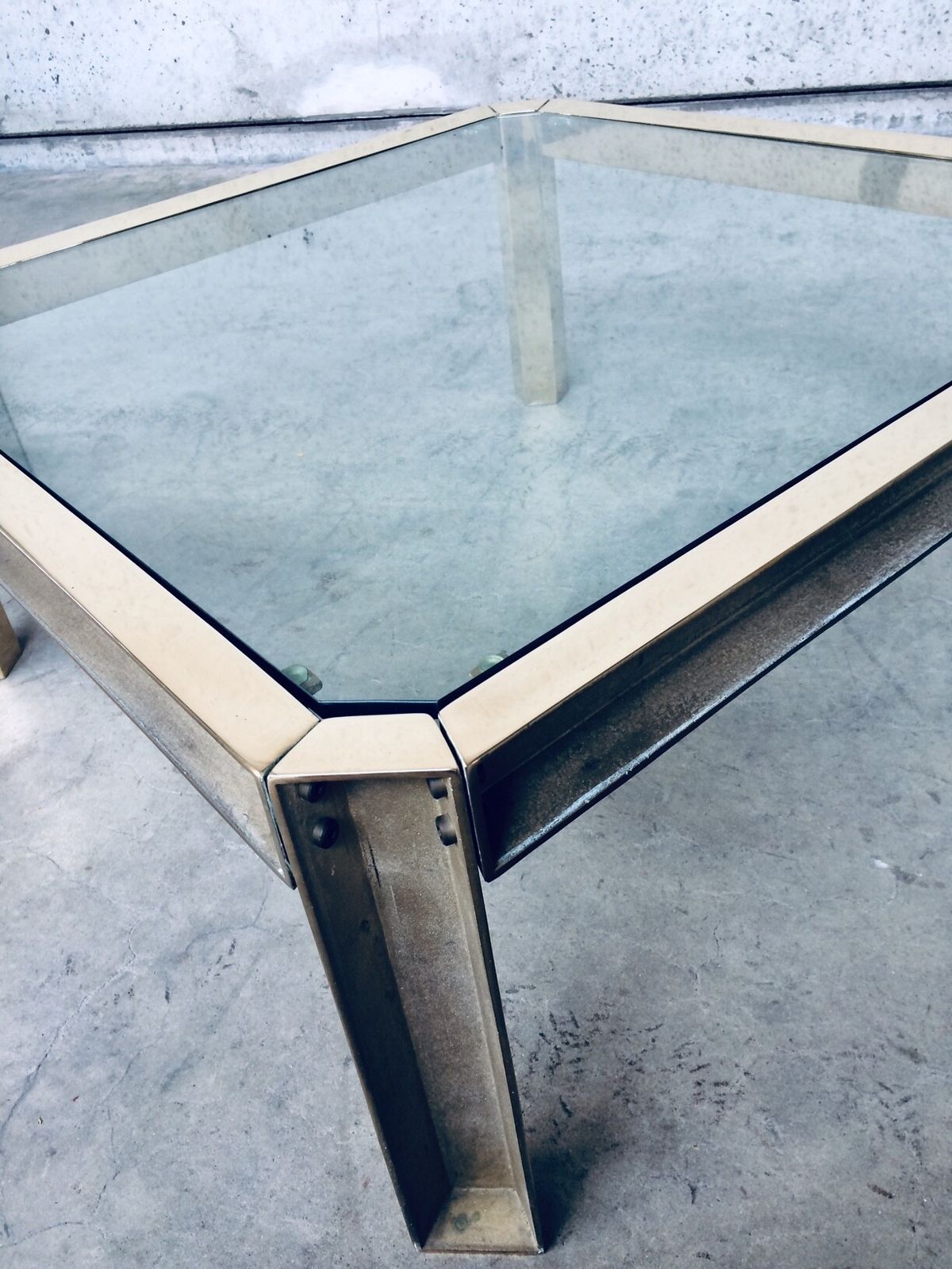 Brutalist Design Style Brass & Glass Square Coffee Table 1970s photo 601.4