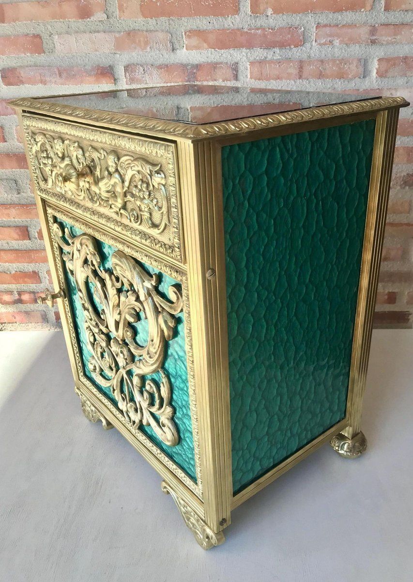 Antique Louis XVI Bronze Vitrine Nightstands With Green Glass Doors And Drawer, Set Of 2 photo Furniture