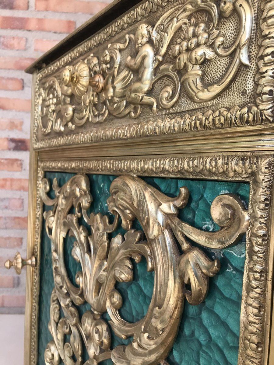 Furniture Antique Louis XVI Bronze Vitrine Nightstands With Green Glass Doors And Drawer, Set Of 2 photo