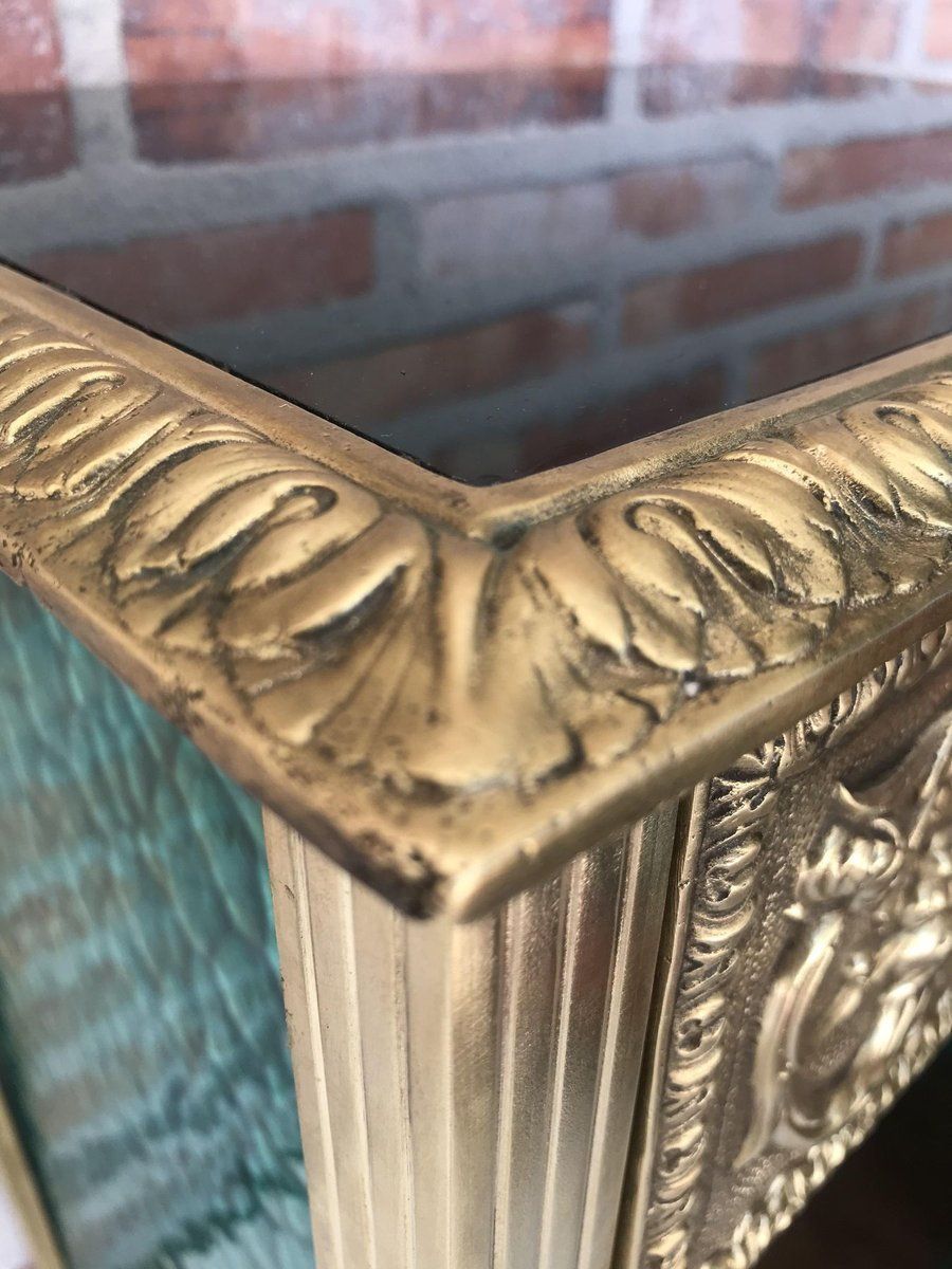 3136.0 Antique Louis XVI Bronze Vitrine Nightstands With Green Glass Doors And Drawer, Set Of 2 photo