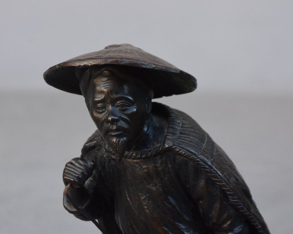 Vietnamese Bronze Peasant In Hat photo for sale
