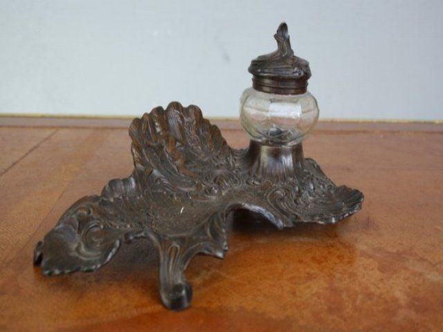 Rocaille Style Pewter Inkwell For Baby photo vintage