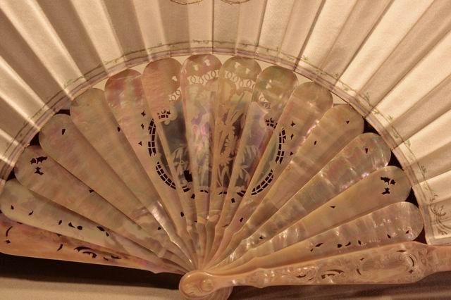 photo for sale Mother Of Pearl And Painted Silk Fan, Xi Xth Century