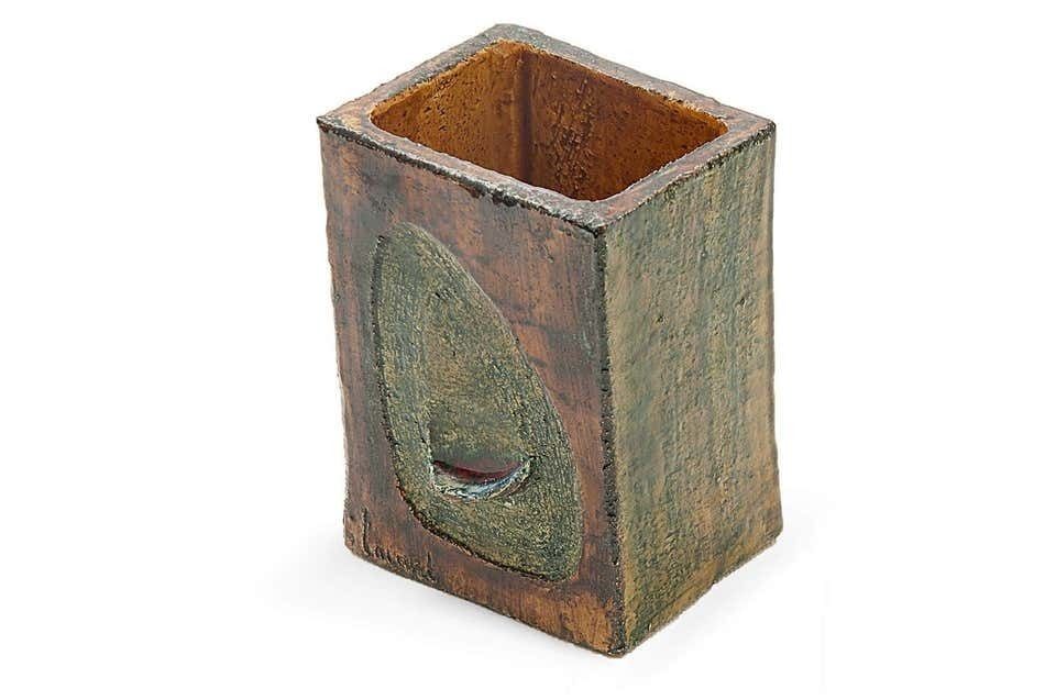 Vase In Ceramic By François Lanusé, France 1960, Green And Brown Color, Signed photo 420.0