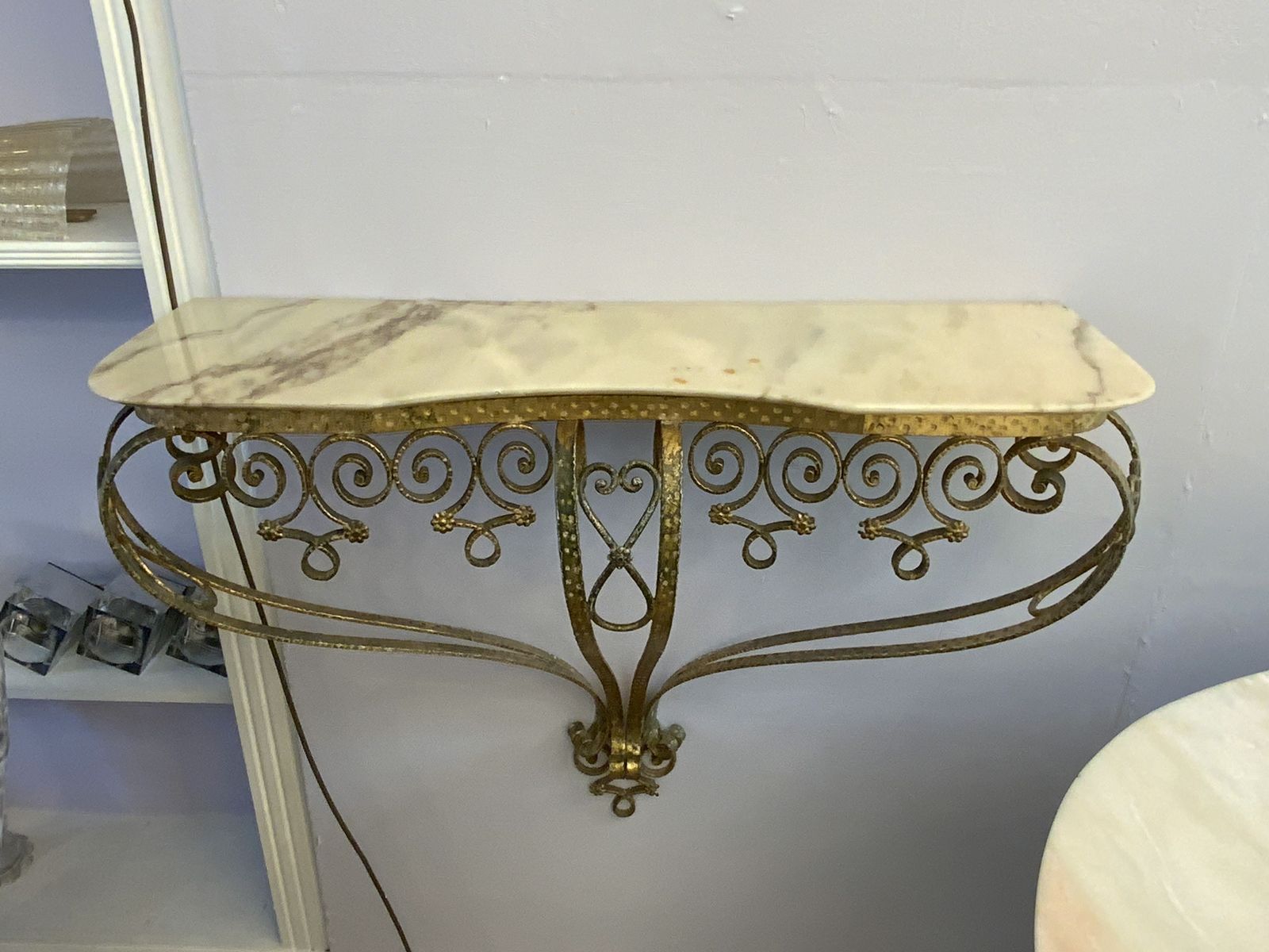 Italian Marble Top And Gold Leaf Metal 1940’s Console Table By Pierluigi Colli