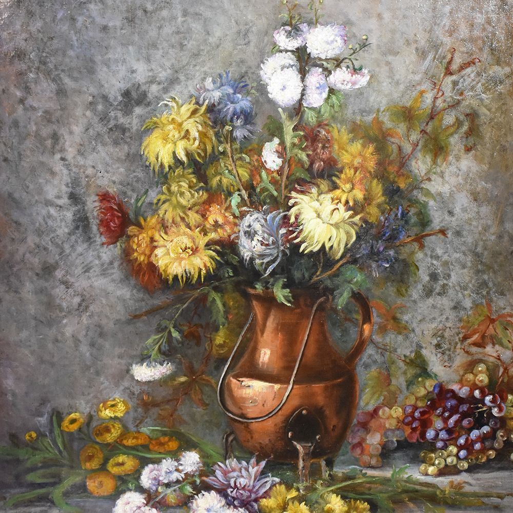 Antique Flower Painting, Chrysanthemums And Dahlias Flowers Art, Still Life, Oil On Canvas, 19th Century. (Qf251) photo furniture