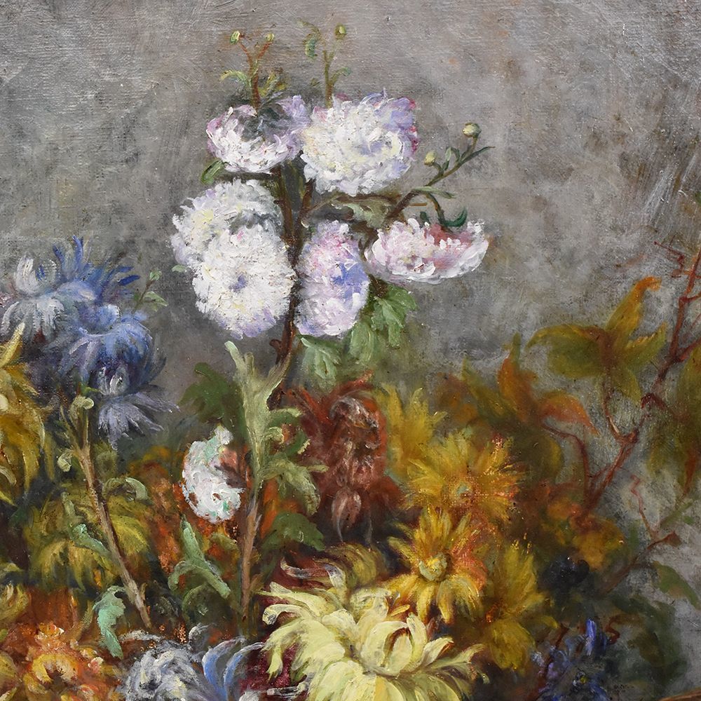Antique Flower Painting, Chrysanthemums And Dahlias Flowers Art, Still Life, Oil On Canvas, 19th Century. (Qf251) photo for sale