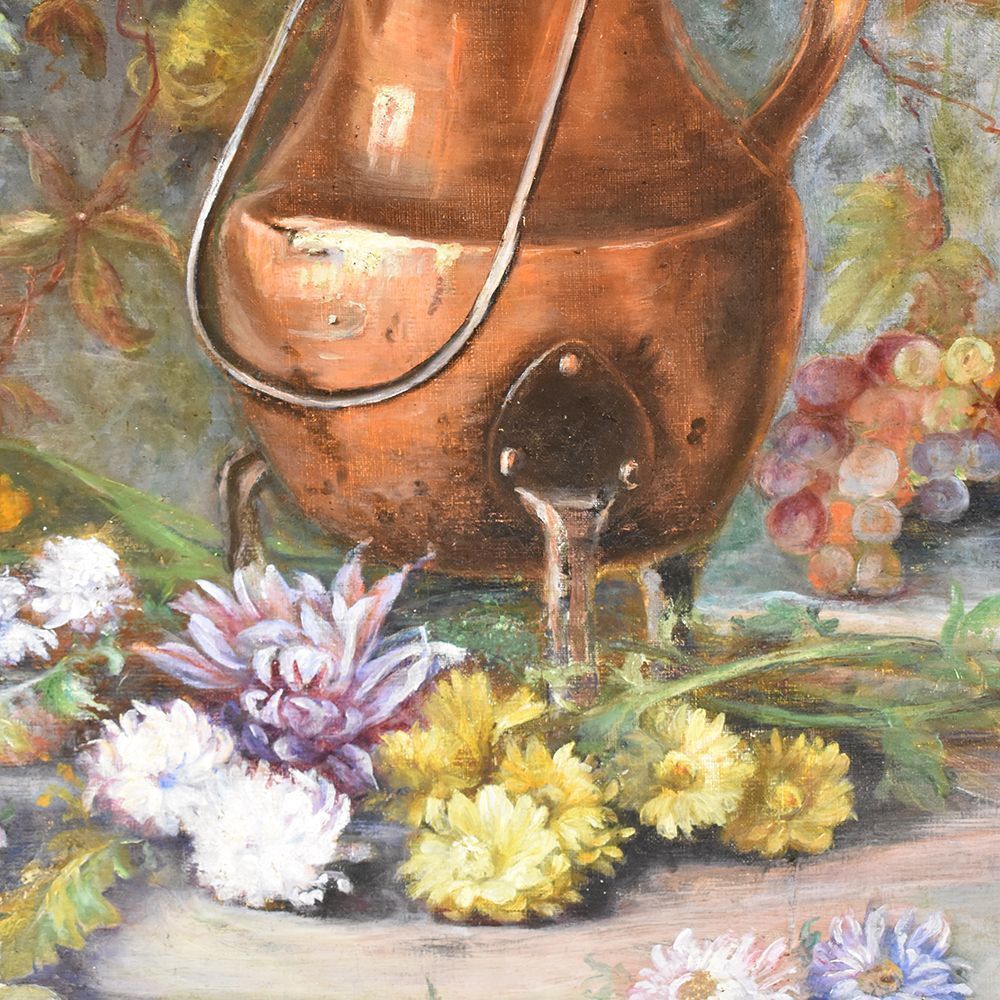 Antique Flower Painting, Chrysanthemums And Dahlias Flowers Art, Still Life, Oil On Canvas, 19th Century. (Qf251) photo buy