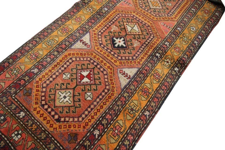 Handmade Carpets And Rugs, Traditional Antique Carpet, Orange Wool Caucasian Runner Rugs For Sale photo for sale
