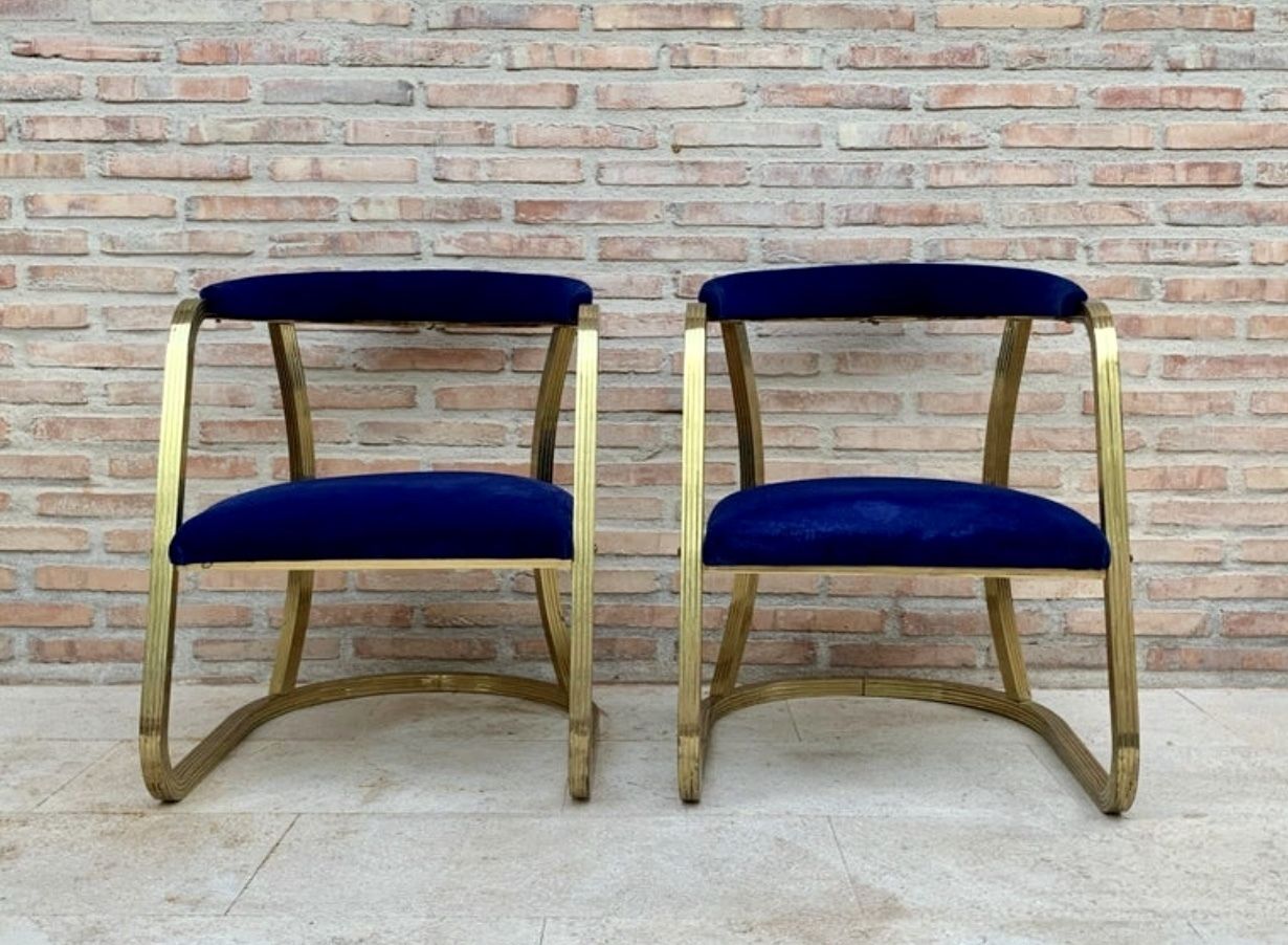French Pair Of Midcentury Gold Brass Chairs With Blue Velvet Upholstery photo furniture