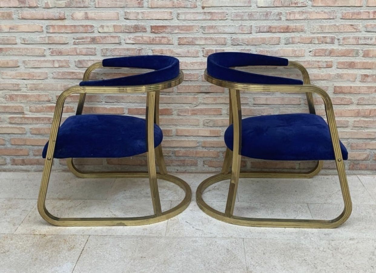 French Pair Of Midcentury Gold Brass Chairs With Blue Velvet Upholstery photo 3095.0