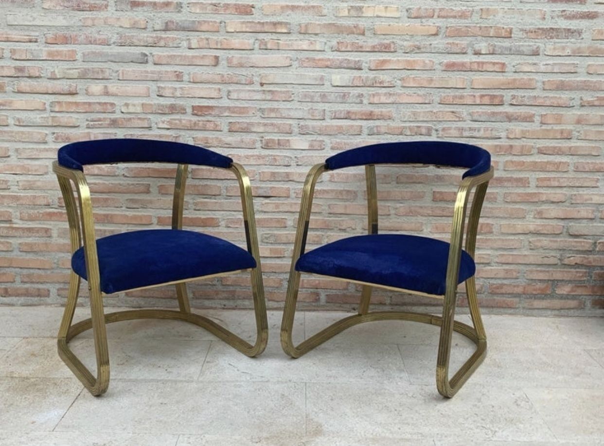 French Pair Of Midcentury Gold Brass Chairs With Blue Velvet Upholstery photo vinterior
