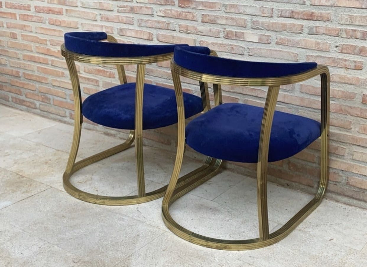 photo for sale French Pair Of Midcentury Gold Brass Chairs With Blue Velvet Upholstery