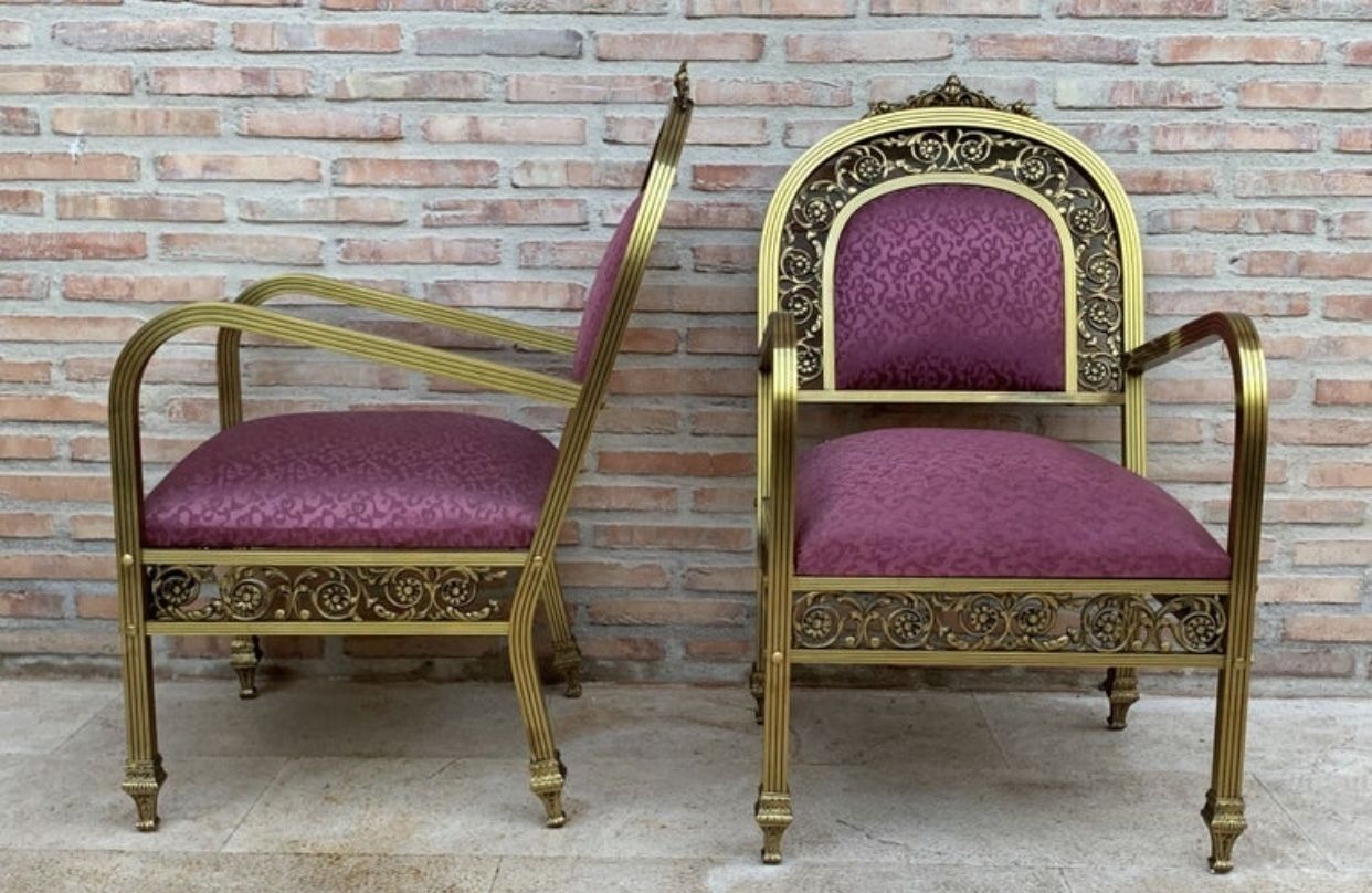 20th French Pair Gold Brass & Bronze Arm Chairs With Pink Velvet Upholstery photo for sale