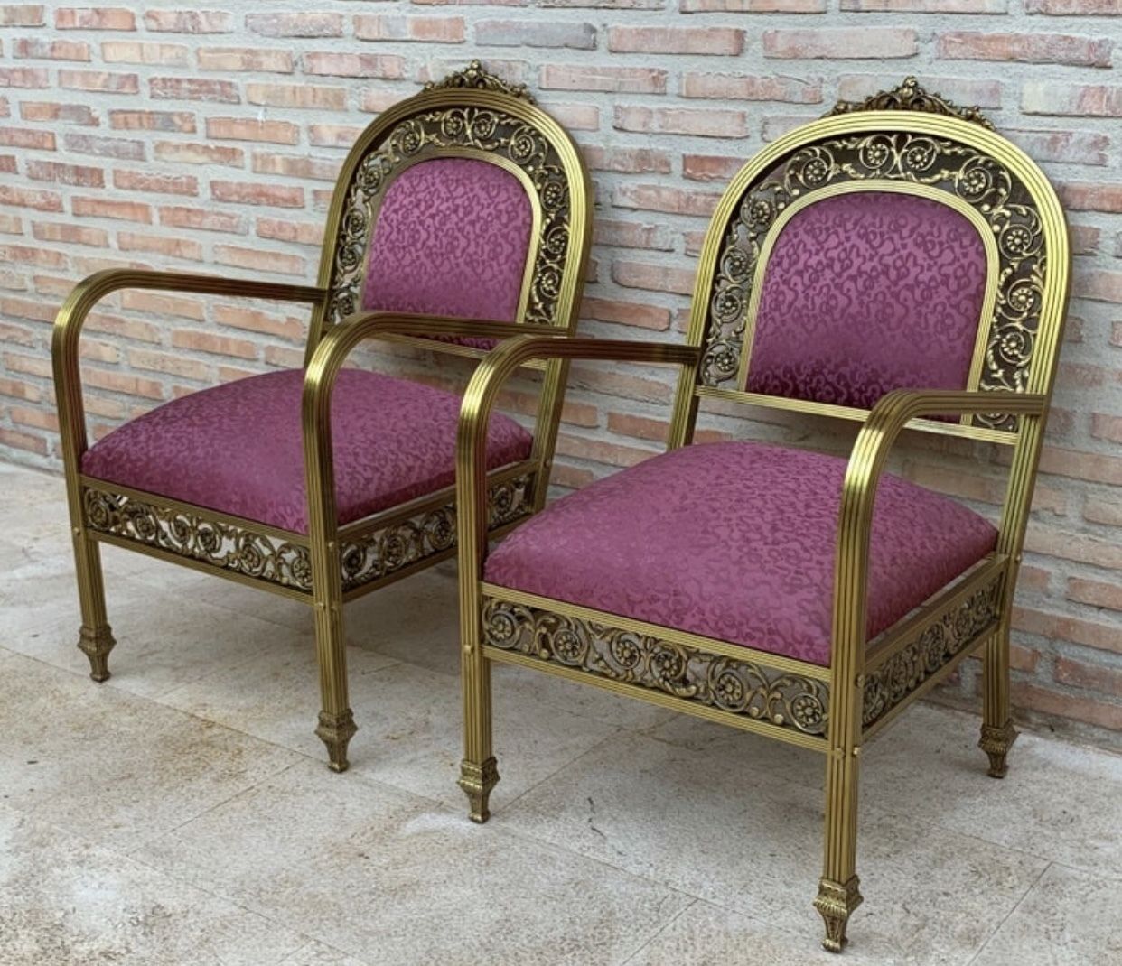 20th French Pair Gold Brass & Bronze Arm Chairs With Pink Velvet Upholstery photo Furniture