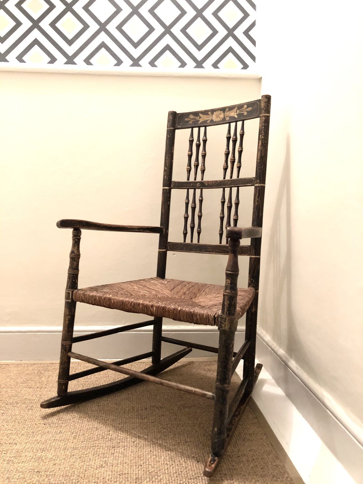 Regency Rocking Armchair In Original Paint. Rare Antique Country Chair. photo vinterior