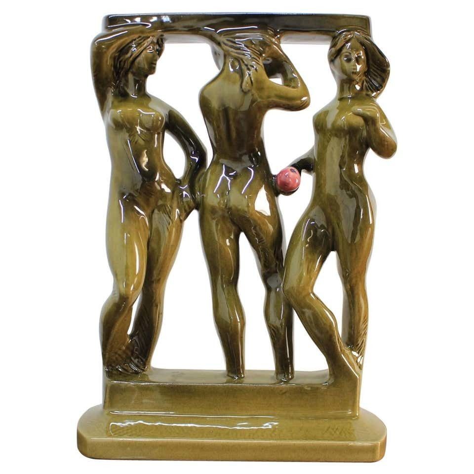 Midcentury Ceramic Sculpture Of Women, Three Graces, Design Zdenek Farnik 1960s