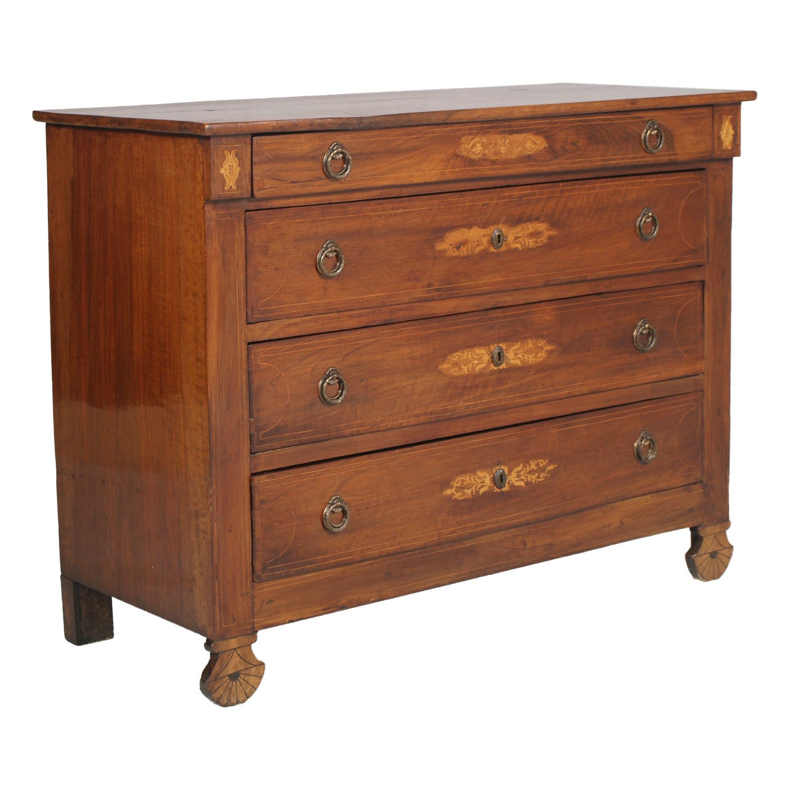 17th Century Lombard Piedmont Area, Chest Of Drawers, Commode,  Inlaid Walnut Wax Polished photo for sale