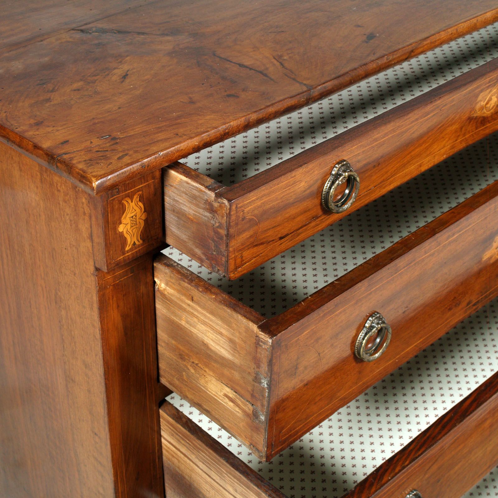 photo for sale 17th Century Lombard Piedmont Area, Chest Of Drawers, Commode,  Inlaid Walnut Wax Polished