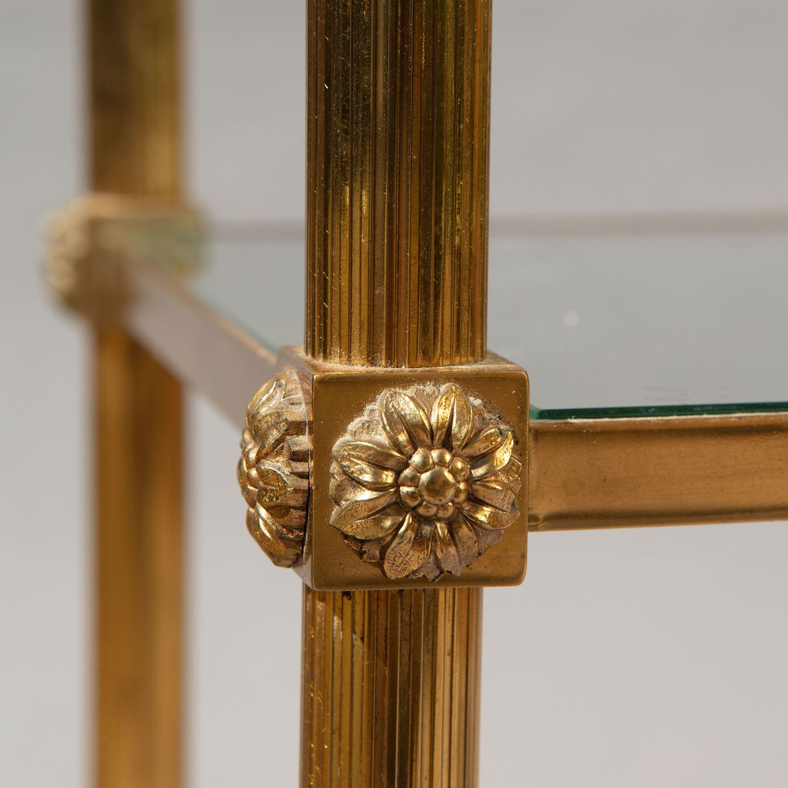 Pair Of Reeded Brass Etagere End Tables With Mirror Shelves photo buy
