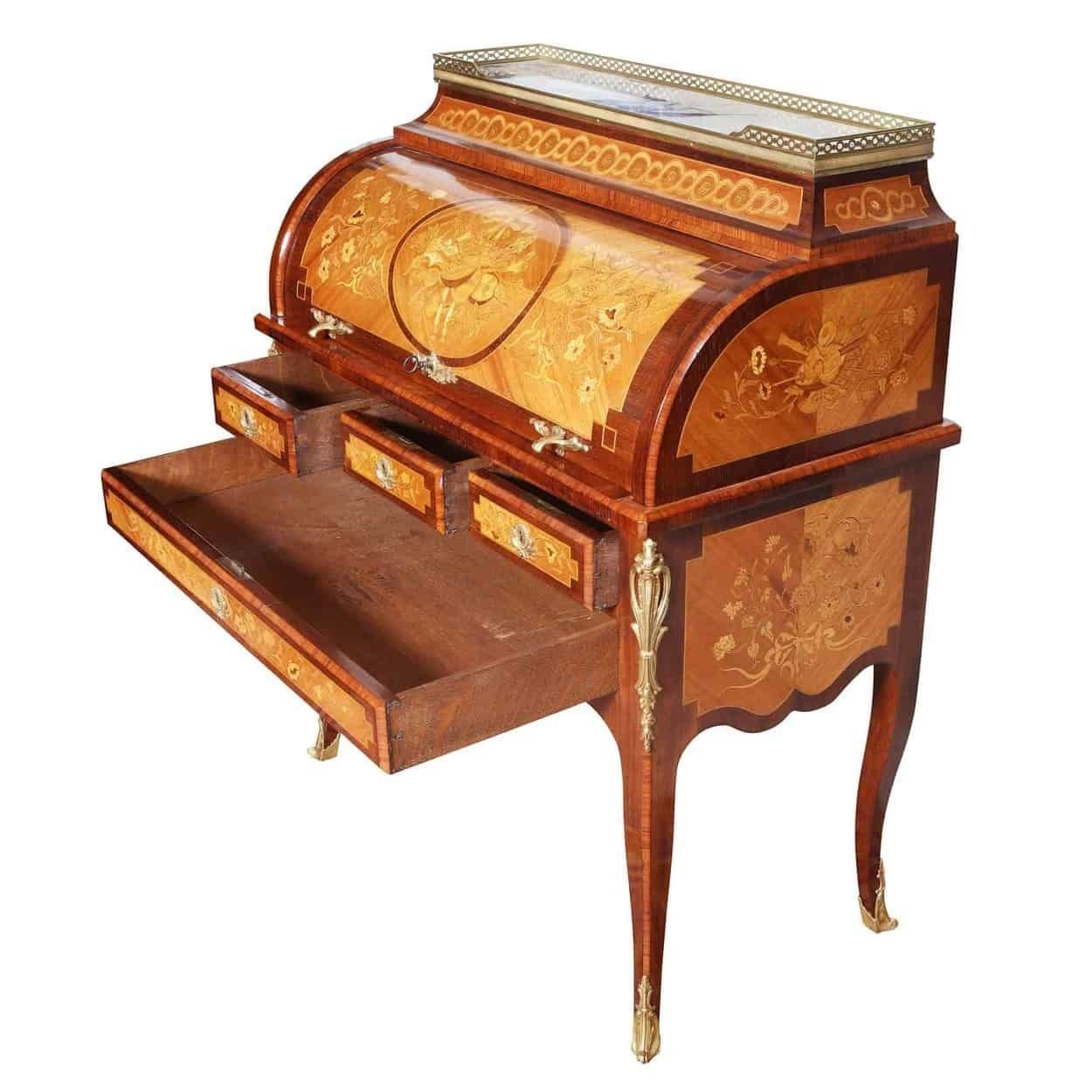 A Louis XVI Style French Marquetry Roll Top Bureau De Damme photo vinterior