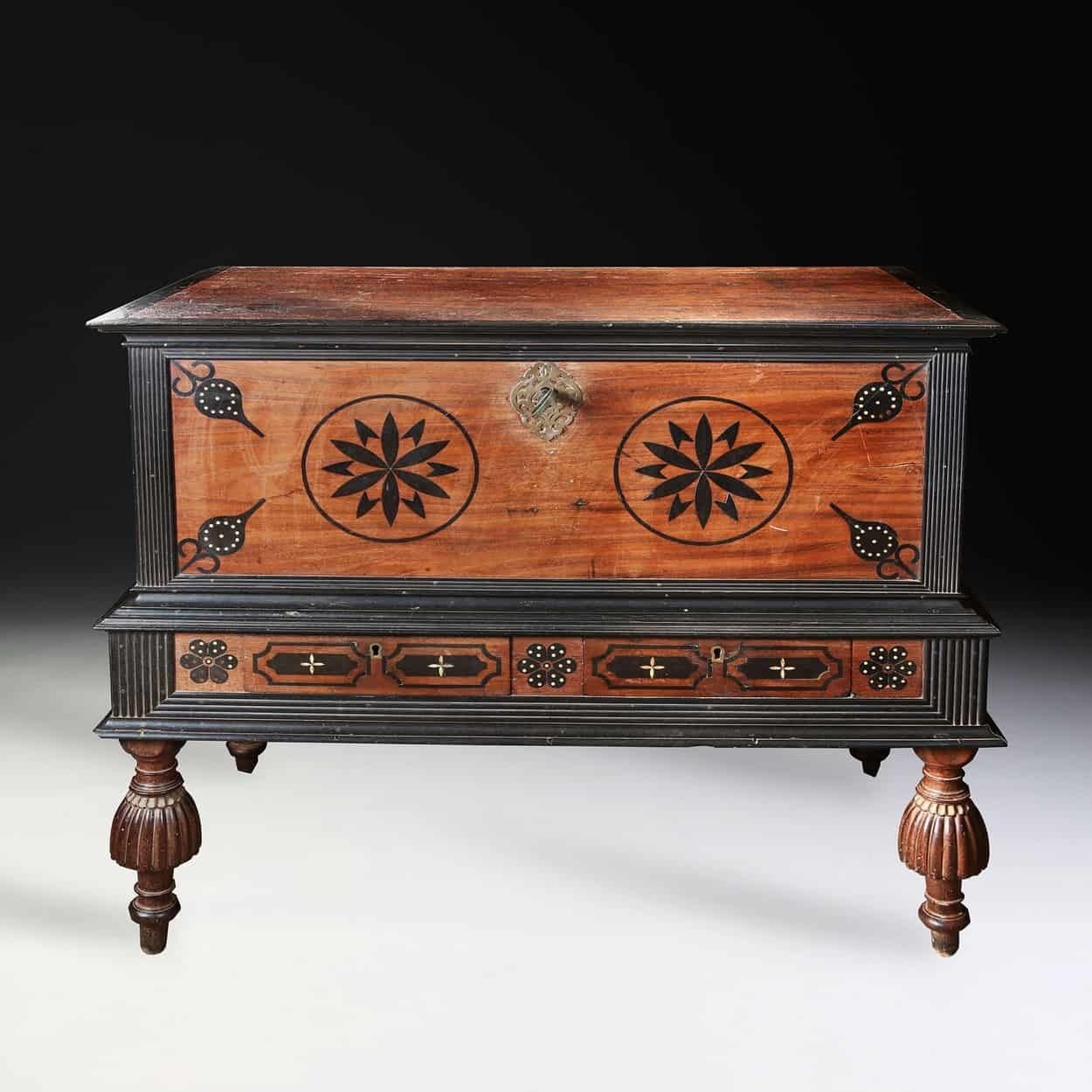 Rare Late 17th Century Inlaid Satinwood And Ebony Coffer On Stand