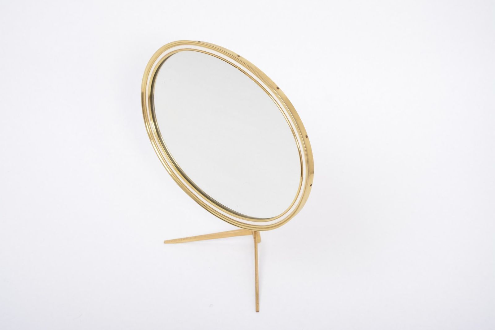 Mid Century Modern Oval Vanity Brass Table Mirror From Vereinigte Werkstätten Collection, 1960s photo furniture