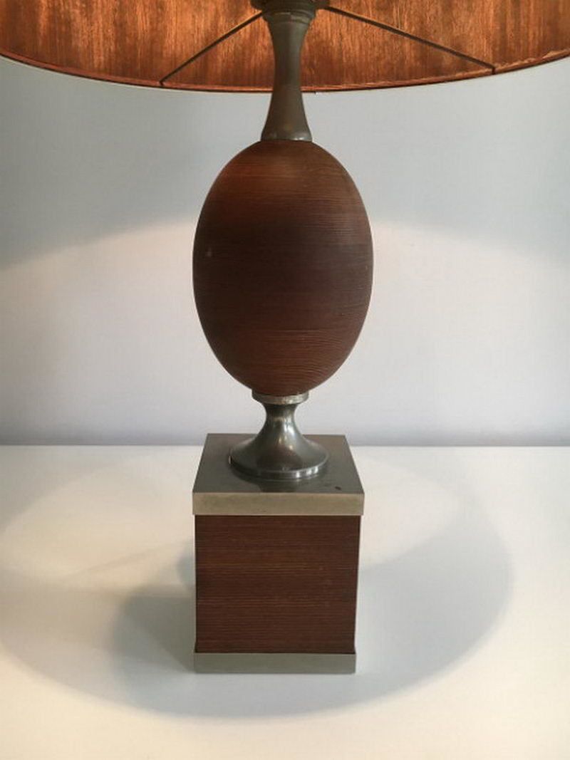 Wood And Brushed Steel Egg Lamp With Wooden Shade. Circa 1970 photo Lighting